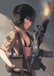  assault_rifle bikini bikini_under_clothes black_bikini black_hair blue_eyes breasts brown_gloves brown_shirt cleavage collared_shirt commentary_request dress_shirt ear_protection female gloves glowing_hot gun hair_between_eyes headset highres holding holding_gun holding_weapon looking_away m4_carbine open_clothes open_shirt original rifle samaru_(seiga) shirt short_hair short_sleeves small_breasts solo suppressor swimsuit weapon 