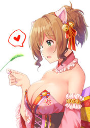  alternate_breast_size animal_ears arm_at_side back_bow bare_shoulders bell blush bow breasts brown_hair cat_ears cat_teaser cleavage collar commentary_request detached_collar detached_sleeves fake_animal_ears female frilled_collar frills from_side green_eyes hair_bell hair_ornament hair_ribbon hair_up heart huge_breasts idolmaster idolmaster_cinderella_girls japanese_clothes koukoku maekawa_miku medium_hair nail_polish obi oerba_yun_fang open_mouth red_ribbon ribbon sash short_ponytail simple_background solo spoken_heart upper_body wavy_hair white_background 