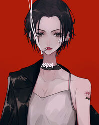  bad_id bad_pixiv_id bandages belt_collar black_eyes black_hair character_name cigarette collar copyright_name ear_piercing female highres jacket jacket_on_shoulders lipstick long_neck makeup mano_aaa mouth_hold nana_(series) osaki_nana piercing red_background short_hair smoking tattoo upper_body 