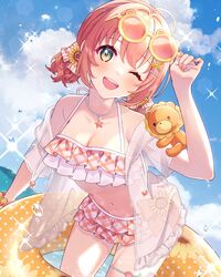  bikini blue_sky blush bow breasts cleavage collarbone commentary eyewear_lift female flower frilled_shirt frills hair_flower hair_ornament hairbow halterneck highres holding holding_swim_ring honma_himawari honma_himawari_(13th_costume) innertube jewelry leaning_forward looking_at_viewer medium_breasts navel necklace nijisanji ocean one_eye_closed orange_bikini orange_hair outdoors plaid plaid_bikini scrunchie seashell see-through see-through_shirt shell shirt short_twintails sky smile solo sparkle star_(symbol) star_necklace stuffed_animal stuffed_toy sunflower sunflower_hair_ornament swim_ring swimsuit teeth thigh_strap twintails unionjack576 upper_teeth_only virtual_youtuber wet x_hair_ornament yellow_eyes yellow_scrunchie 