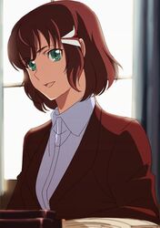  :d blurry book brown_hair collared_shirt curtains day depth_of_field eyebrows_visible_through_hair eyes_visible_through_hair female female formal green_eyes hair_ornament happy highres indoors jacket kakumeiki_valvrave looking_at_viewer neck office office_lady open_book open_mouth red_jacket sashinami_shouko shirt short_hair sitting smile solo suit upper_body white_shirt window windwillows 