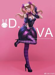  absurdres adapted_costume animal_ears argyle_clothes argyle_legwear artist_name bead_bracelet beads between_legs black_cat_d.va black_dress black_eyes black_footwear black_gloves blonde_hair bow bracelet breasts cat_ears chunhwei_lee cleavage commentary_request corset d.va_(overwatch) dress earrings facepaint facial_mark female frilled_skirt frills full_body gloves gradient_background hand_between_legs heart heart_earrings high_heels highres jewelry lolita_fashion looking_at_viewer medium_breasts official_alternate_costume overwatch overwatch_1 pink_background pink_bow pink_lips puffy_short_sleeves puffy_sleeves short_sleeves skirt solo standing standing_on_one_leg twintails watermark web_address whisker_markings 