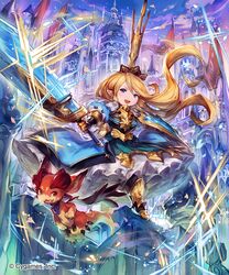  bad_id bad_pixiv_id blonde_hair blue_eyes charlotta_(granblue_fantasy) crown dragon female gauntlets granblue_fantasy harvin highres lee_hyeseung long_hair pointy_ears shingeki_no_bahamut sword tall_crown vyrn_(granblue_fantasy) weapon 