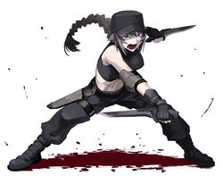  blood blood_splatter boots brown_hair buckle commentary_request dual_wielding female fingerless_gloves gloves helevu hetza_(hellshock) holding knife midriff original red_eyes sheath simple_background sleeveless sleeveless_turtleneck snap-fit_buckle solo turtleneck white_background 