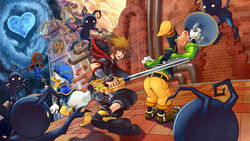  1boy absurdres bird bleachist blue_eyes blue_hat brown_hair castle cloud commentary_request disney donald_duck duck fighting_stance furry furry_male goofy hat heartless_(kingdom_hearts) highres keyblade kingdom_hearts kingdom_hearts_iii kingdom_key photoshop_(medium) shadow_(kingdom_hearts) shoes sora_(kingdom_hearts) spiked_hair staff yellow_hat 