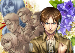  auruo_bossard blue_eyes brown_hair erd_gin eren_yeager female_titan flower gunter_shulz monster_girl multiple_boys multiple_girls petra_ral shingeki_no_kyojin short_hair tears uniform 