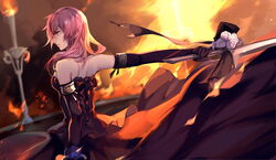  &eacute;clair_farron absurdres alternate_costume back commentary_request dress elbow_gloves female final_fantasy final_fantasy_xiii fire from_behind gloves highres kumako_(pixiv4171671) lightning_returns:_final_fantasy_xiii pink_hair purple_dress solo strapless strapless_dress sword weapon 