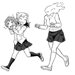  2girls blouse breasts commentary_request cone_hair_bun demi-chan_wa_kataritai disembodied_head double_bun dullahan fangs fire flying_sweatdrops greyscale grin hair_bun holding_head large_breasts machi_kyouko monochrome multiple_girls painttool_sai_(medium) running school_uniform shirt short_hair skirt smile takanashi_hikari teasing tsukudani_(coke-buta) vampire 