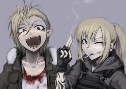  2girls blonde_hair blood blood_stain blue_eyes bulletproof_vest cigarette commentary_request constricted_pupils fingerless_gloves fur_trim gloves hetza_(hellshock) hood hoodie kifa_(hetza) multiple_girls one_eye_closed open_mouth original pointy_ears ponytail red_eyes salute scar sharp_teeth simple_background smoke suzumi_(hetza) tattoo teeth 