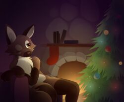  2017 absurd_res anthro b-epon canid canine christmas clothing digital_media_(artwork) festive fire fireplace fox half_asleep hi_res holidays kito_(thepickyfurry) legwear mammal rock shaded shelf solo stockings tired warm 