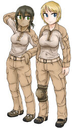  2girls bad_id bad_pixiv_id black_hair blonde_hair blue_eyes combat_shirt dutchko green_eyes highres knee_pads military military_uniform multiple_girls original photoshop_(medium) short_hair simple_background smile uniform white_background 