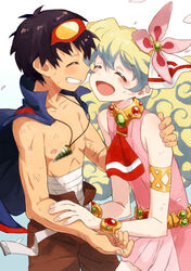  1boy armlet bracelet closed_eyes commentary_request corn_potako couple female flower goggles goggles_on_head grin hair_flower hair_ornament jacket jacket_on_shoulders jewelry long_hair multicolored_hair nia_teppelin simon_(ttgl) smile straight tengen_toppa_gurren_lagann topless_male two-tone_hair 