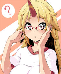  ? adjusting_eyewear bespectacled blonde_hair commentary_request female glasses gym_uniform highres horns hoshiguma_yuugi long_hair looking_at_viewer open_mouth over-rim_eyewear red-framed_eyewear red_eyes semi-rimless_eyewear shirokuma_(nankyoku) short_sleeves single_horn solo spoken_question_mark touhou upper_body 