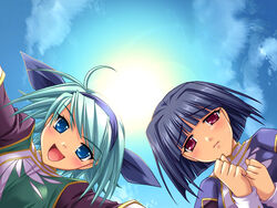  2girls breasts bunshuu game_cg ganryou green_eyes green_hair katagiri_hinata koihime_musou large_breasts moon multiple_girls red_eyes saeki_hokuto 