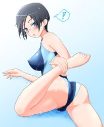  ! :o ass blue_background blue_eyes blue_one-piece_swimsuit blush breasts commentary_request competition_swimsuit cube_(huidama) female girls_und_panzer gradient_background grey_hair groin highres leg_grab leg_up looking_at_viewer looking_back lying medium_breasts on_stomach one-piece_swimsuit open_mouth round_eyewear rumi_(girls_und_panzer) short_hair solo spoken_exclamation_mark swimsuit wet 