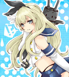  !? anchor bad_id bad_pixiv_id black_panties blonde_hair blue_eyes blush elbow_gloves female gloves hair_ornament hairband kantai_collection kurosakiinu long_hair panties rensouhou-chan sailor_collar shimakaze_(kancolle) skirt solo underwear 