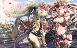  2girls ass blonde_hair braid breasts cleavage closed_mouth collarbone commentary_request highres long_hair looking_at_viewer mask mask_on_head medium_breasts monster_hunter:_world monster_hunter_(character) monster_hunter_(series) multiple_girls navel nergigante_(armor) odogaron_(armor) red_eyes smile thighhighs very_long_hair zi-dabu 