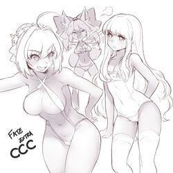  3girls ahoge animal_ears bikini breasts chibi chibi_inset cleavage fate/extra fate/extra_ccc fate_(series) fox_ears hair_bun kishinami_hakuno_(female) large_breasts long_hair lowleg lowleg_bikini monochrome multiple_girls naso4 nero_claudius_(fate) nero_claudius_(fate/extra) nero_claudius_(red_lightning)_(fate) official_alternate_costume one-piece_swimsuit school_swimsuit short_hair sidelocks single_hair_bun slingshot_swimsuit swimsuit tamamo_(fate) tamamo_no_mae_(fate/extra) tamamo_no_mae_(sexy_bikini)_(fate) tan tanlines thighhighs 