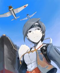  aircraft airplane b6n_tenzan black_eyes black_hair chitose_(kancolle) clenched_hand commentary_request female headband hetza_(hellshock) japanese_clothes kantai_collection pale_skin ship solo tassel torpedo turret watercraft 