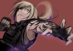  blonde_hair blue_eyes bulletproof_vest commentary_request female fingerless_gloves gloves hair_over_one_eye hetza_(hellshock) long_hair motion_blur original ponytail simple_background solo suzumi_(hetza) tattoo upper_body 