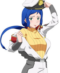  :p blue_hair commentary_request cosplay female green_eyes gundam gundam_build_fighters gundam_seed hat iori_rinko long_hair mature_female military military_uniform mitsuishi_kotono murrue_ramius murrue_ramius_(cosplay) peaked_cap ponytail ribbed_sweater sweater tongue tongue_out turtleneck uniform voice_actor_connection yoshida_keiji 