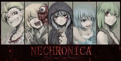  5girls :d ^_^ blonde_hair blood blood_on_face blood_splatter blood_stain blue_eyes blue_hair closed_eyes commentary_request dynamite explosive fur_trim green_hair grin hetza_(hellshock) hood hoodie kifa_(hetza) monster_girl multiple_girls nagai_gojitsudan_no_nechronica open_mouth red_eyes scar sharp_teeth slime_(substance) smile teeth tentacle 