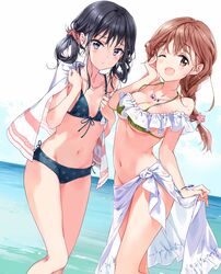  2girls :t ;d adagaki_aki bikini black_hair blue_bikini blue_sky bracelet braid breasts brown_eyes brown_hair cleavage cloud cloudy_sky cowboy_shot day front-tie_bikini_top front-tie_top fujinomiya_neko green_bikini groin hair_between_eyes hair_ornament hair_rings hair_scrunchie hand_on_own_cheek hand_on_own_face hand_up highres jewelry legs_together long_hair long_legs looking_at_viewer masamune-kun_no_revenge medium_breasts midriff mole mole_on_arm mole_under_eye multiple_girls navel necklace ocean one_eye_closed open_mouth outdoors pout print_bikini purple_eyes sarong scrunchie short_hair single_braid sky small_breasts smile swimsuit tied_hair tiv towel towel_around_neck underboob water wet wet_hair 