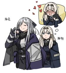  2girls ak-12_(girls&#039;_frontline) an-94_(girls&#039;_frontline) anyan_(jooho) bad_id bad_twitter_id blush cape character_name closed_eyes commentary_request expressionless fingerless_gloves girls&#039;_frontline gloves grey_hair happy imagining korean_commentary kuudere long_hair multiple_girls platinum_blonde_hair smile smug white_background yuri 