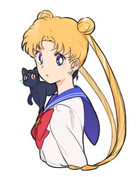  :o animal animal_ears animal_on_shoulder bishoujo_senshi_sailor_moon blue_eyes blue_sailor_collar bow cat_on_shoulder commentary_request double_bun feline female hair_bun juuban_middle_school_uniform long_hair luna_(sailor_moon) miu_(pixiv106790) red_bow sailor_collar school_uniform serafuku tsukino_usagi twintails upper_body white_background 