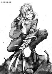  bandages belt blood blood_stain claws commentary_request debris female fingerless_gloves fur_trim gloves greyscale hetza_(hellshock) jacket kifa_(hetza) monochrome monster_girl nagai_gojitsudan_no_nechronica patch sharp_teeth short_hair simple_background skull solo squatting teeth torn_clothes white_background 