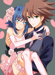  2boys ahoge blue_eyes blue_hair blush brown_hair cardfight!!_vanguard choker commentary_request crossdressing dress elbow_gloves flower garter_straps gloves green_eyes hair_flower hair_ornament kai_toshiki male_focus multiple_boys open_mouth otoko_no_ko photoshop_(medium) sendou_aichi smile thighhighs yaoi you_(outtune) 