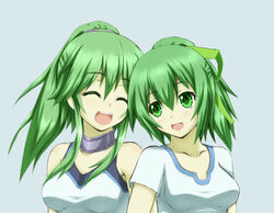  2girls bad_id bad_pixiv_id bare_shoulders breasts closed_eyes collarbone duel_monster green_eyes green_hair grey_background hair_ribbon jewelry kenn long_hair looking_at_another multiple_girls open_mouth ponytail ribbon siblings simple_background sisters winda_(yu-gi-oh!) winda_priestess_of_gusto wynn_(yu-gi-oh!) wynn_the_wind_charmer yu-gi-oh! 