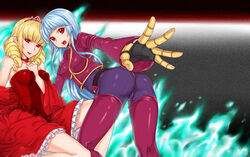  2girls ass bad_id bad_pixiv_id bare_shoulders belt blonde_hair blue_hair chaps choker cropped_jacket crown dress drill_hair gloves highres kula_diamond long_hair multiple_girls red_eyes rose_bernstein shennai_misha the_king_of_fighters twin_drills twintails 