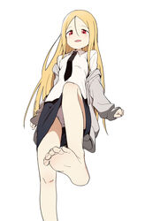  absurdres barefoot blonde_hair bural_chingu commentary feet female highres korean_commentary lee_ji-min long_hair looking_down luke_(dydansgur) necktie off_shoulder original panties red_eyes sleeves_past_wrists soles solo toes underwear white_background 