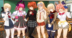  3d 6+girls absurdres ahoge alternate_costume animal_ear_fluff animal_ears arm_behind_back artoria_pendragon_(fate) black_serafuku black_skirt black_thighhighs blonde_hair blue_bow blue_eyes blue_skirt blush bow bowtie braid breasts brown_coat buttons chains chalkboard classroom claw_pose closed_mouth clothes_around_waist coat command_spell commentary_request cowboy_shot curled_horns custom_maid_3d_2 desk elizabeth_bathory_(fate) elizabeth_bathory_(fate/extra_ccc) fate/extella fate/extra fate/grand_order fate_(series) fox_ears fox_tail fujimaru_ritsuka_(female) game_screenshot glasses hair_between_eyes hair_ornament hair_over_one_eye hair_ribbon hair_scrunchie hairbow hand_on_own_chest hands_on_own_hips head_tilt headpiece heart heart_hair_ornament high-waist_skirt highres horns index_finger_raised indoors jacket jeanne_d&#039;arc_(fate) jeanne_d&#039;arc_(ruler)_(fate) juliet_sleeves large_bow large_breasts long_hair long_sleeves looking_at_viewer miniskirt multiple_girls mysterious_heroine_x_alter_(fate) mysterious_heroine_x_alter_(first_ascension)_(fate) neckerchief necktie official_alternate_costume one_side_up open_clothes open_coat orange_eyes orange_hair orange_scrunchie pantyhose photoshop_(medium) pink_bow pink_bowtie pink_hair pink_ribbon plaid plaid_scarf plaid_skirt pleated_skirt pointy_ears puffy_sleeves red_bow red_neckerchief red_necktie red_scarf ribbon saber_alter scarf school_desk school_uniform scrunchie semi-rimless_eyewear serafuku shirt short_hair short_sleeves side_ponytail skirt small_breasts smile standing sumxsum03 tail tamamo_(fate) tamamo_no_mae_(fate/extra) tamamo_no_mae_(jk)_(fate) tattoo thighhighs under-rim_eyewear very_long_hair white_shirt yellow_eyes 