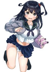  absurdres alternate_hairstyle bad_id bad_pixiv_id black_hair breasts cardigan female harumaki_haruki highres kantai_collection large_breasts long_hair navel one_side_up panties school_uniform skirt solo tears turret underwear ushio_(kancolle) white_panties 