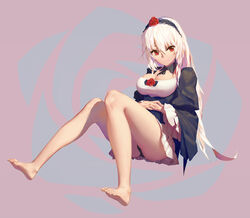  absurdres barefoot black_panties breasts commentary dress feet female full_body gothic_lolita hairband highres large_breasts lolita_fashion lolita_hairband long_hair looking_at_viewer orokanahime panties pantyshot photoshop_(medium) rozen_maiden simple_background sitting smile solo suigintou underwear white_hair 