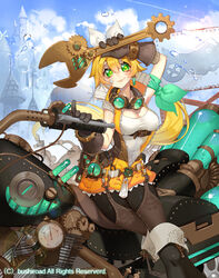  bandaid bandaid_on_face belt black_footwear boots bow breasts cardfight!!_vanguard cleavage cloud commentary_request company_name covered_navel day earrings female gloves goggles goggles_around_neck green_eyes jewelry knee_boots large_breasts long_hair low_ponytail motor_vehicle motorcycle official_art pantyhose photoshop_(medium) sky solo spinel_(9057) steam_engineer_kusha-ana 