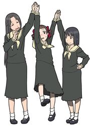  3girls black_hair blush brown_hair closed_eyes commentary_request drill_hair hair_ribbon half_updo hand_on_own_hip height_difference holding_hands hosokawa_kanako lifting_person lillian_girls&#039;_academy_school_uniform long_hair maria-sama_ga_miteru mary_janes matsudaira_touko multiple_girls nijou_noriko ribbon school_uniform serafuku shoes short_hair simple_background smile socks surprised tall_female yoshitaka_(tekiji_shissaku) 