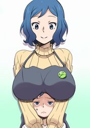  1boy :&lt; age_difference apron blue_eyes blue_hair breast_rest breasts breasts_on_head commentary_request date_naoto female gundam gundam_build_fighters haro_button_badge iori_rinko iori_sei large_breasts mature_female mother_and_son onee-shota ribbed_sweater smile straight sweater turtleneck 