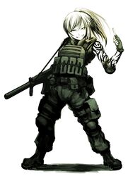  armor blonde_hair blue_eyes buckle bulletproof_vest commentary_request female fingerless_gloves gloves grin gun hetza_(hellshock) original simple_background sleeveless smile snap-fit_buckle solo suzumi_(hetza) tattoo weapon white_background 