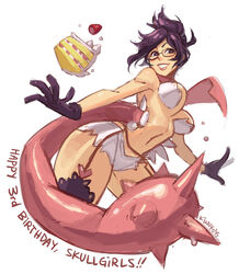  anniversary black_eyes black_gloves black_hair black_thighhighs blush breasts cake commentary_request cropped_legs extra_mouth female folded_ponytail food fruit garter_belt glasses gloves happy_birthday heart kinuko_(kinucakes) large_breasts lips lipstick long_tongue makeup scarf semi-rimless_eyewear short_shorts shorts skullgirls smile solo spikes strawberry thighhighs tongue under-rim_eyewear venus_(skullgirls) very_long_tongue 