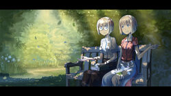  2girls bench blonde_hair blue_eyes blush breasts commentary erica_(naze1940) falling_leaves glasses highres leaf letterboxed leyna_koch md5_mismatch multiple_girls original short_hair siblings small_breasts smile twins 