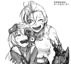  2girls :d blood blush commentary_request dynamite explosive fingerless_gloves gloves greyscale hand_on_another&#039;s_head hetza_(hellshock) hug kifa_(hetza) long_hair midriff monochrome monster_girl multiple_girls nagai_gojitsudan_no_nechronica one_eye_closed open_mouth pointy_ears sharp_teeth short_hair simple_background smile teeth tentacle white_background 