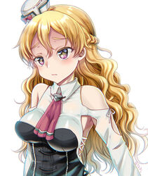  :t armpits ascot bare_shoulders blonde_hair blush braid breasts chromatic_aberration commentary_request corset detached_sleeves female french_braid hat kantai_collection kumao_mofumofu large_breasts long_hair long_sleeves multicolored_eyes pout purple_eyes ribbon shirt simple_background solo star-shaped_pupils star_(symbol) symbol-shaped_pupils wavy_hair white_background white_shirt zara_(kancolle) 