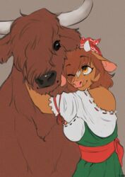  2018 ambiguous_gender anthro bovid bovine brown_hair cattle changeling_tale digital_media_(artwork) duo female feral foxboy83 hair hi_res highland_cattle hug mammal marion_(changeling_tale) simple_background smile 