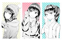  beanie bracelet buttons cardigan casual collared_shirt column_lineup commentary_request cup drink drinking drinking_straw earphones female from_side hair_ornament hair_over_shoulder hair_scrunchie halftone halftone_background hat head_tilt high_ponytail hood hood_down hoodie idolmaster idolmaster_cinderella_girls jewelry long_hair long_sleeves looking_at_viewer military_rank_insignia monochrome multiple_persona necklace necktie open_mouth ponytail school_uniform scrunchie shibuya_rin shirt sleeves_rolled_up spot_color star_(symbol) star_print striped_background striped_clothes striped_scrunchie sweat towel towel_around_neck uku upper_body 