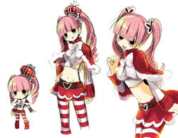  bow breasts capelet chibi crown female female fur_trim ju-zika lipstick long_sleeves makeup midriff multiple_views one_piece perona pink_hair red_cape red_skirt ribbon skirt solo striped striped_legwear thighhighs twintails 