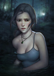  bad_id bad_tumblr_id breasts brown_eyes brown_hair cleavage female flashlight fleeing i0525 jewelry lara_croft lips long_hair low_ponytail medium_breasts necklace no_bra nose pendant ponytail solo spaghetti_strap strap_slip tank_top tomb_raider tomb_raider_(reboot) upper_body wading 