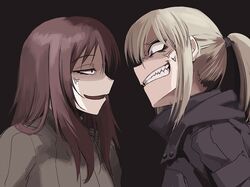  2girls anger_vein blonde_hair blue_eyes brown_eyes brown_hair commentary_request false_smile grin hetza_(hellshock) jacket long_hair multiple_girls original ponytail ribbed_sweater simple_background smile suzumi_(hetza) sweater turtleneck 